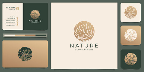 creative abstract nature logo with linear in circle shape design,golden and business card template. - obrazy, fototapety, plakaty
