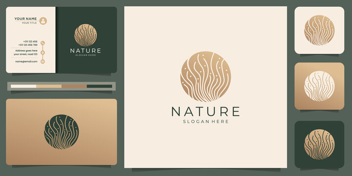 Creative Abstract Nature Logo With Linear In Circle Shape Design,golden And Business Card Template.