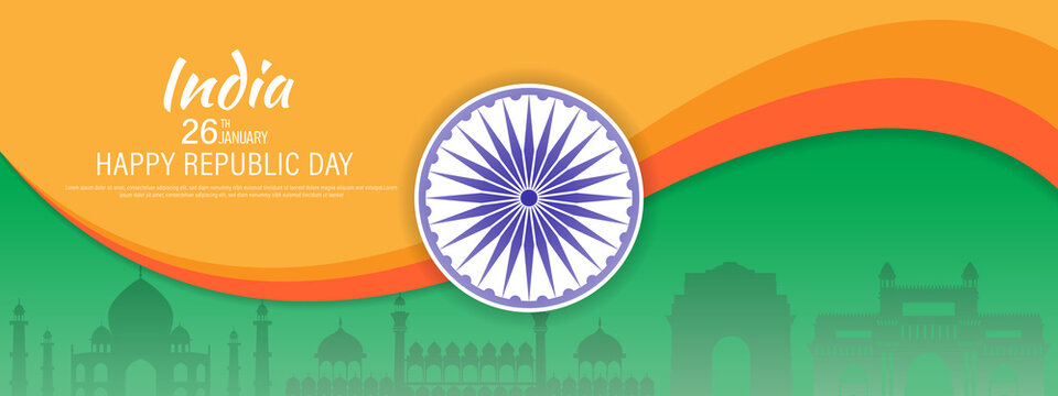 26 th January Indian Republic Day banner template design with Indian flag and silhouette of Indian monument.