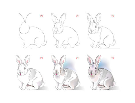 How to learn to draw sketch of cute little rabbit. Creation step by step watercolor painting. Educational page for artists. Textbook for developing artistic skills. Online education.