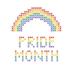 Pride month text and rainbow in cross stitch style.