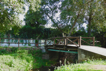 Short bridge in the woods at summertime on the border between Spain with Portugal. Also known as World's Shortest International Bridge in Marco village