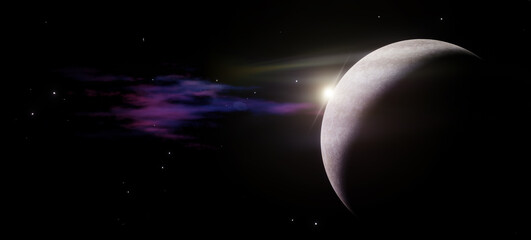 Beautiful sunrise in the universe with a fantasy planet, 3d rendering, science fiction background