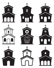 vector black and white icons of church buildings