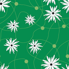 Abstract vector seamless floral pattern. Printing with white flowers, lines and circles on green background. Vector illustration.