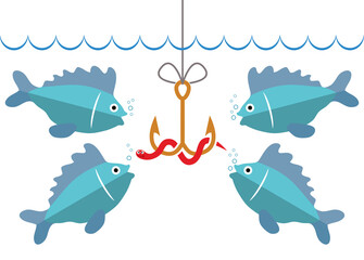 vector flat fishing icon with hook, bait and hungry fishes