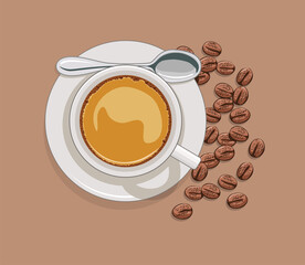 vector cup of coffee and scattered coffee beans