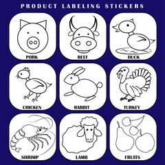 Stickers for labeling products on a blue background, isolated elements, vector illustration, pork, beef, rabbit, duck meat, chicken meat, lamb, shrimp, turkey meat, fruits