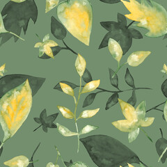 Green with yellow leaves and foliage watercolor painting - seamless pattern on dark background