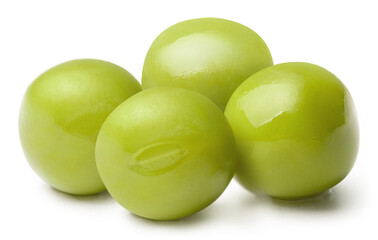 Juicy green peas close-up, isolated on white background