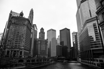 Chicago River Skyline in Black and White