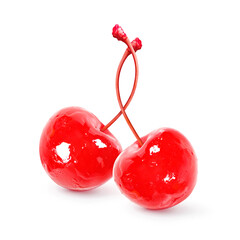 Cherry cocktail. Twin or double maraschino cherries with stems isolated on white background. - obrazy, fototapety, plakaty