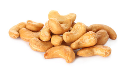 Pile of tasty organic cashew nuts isolated on white