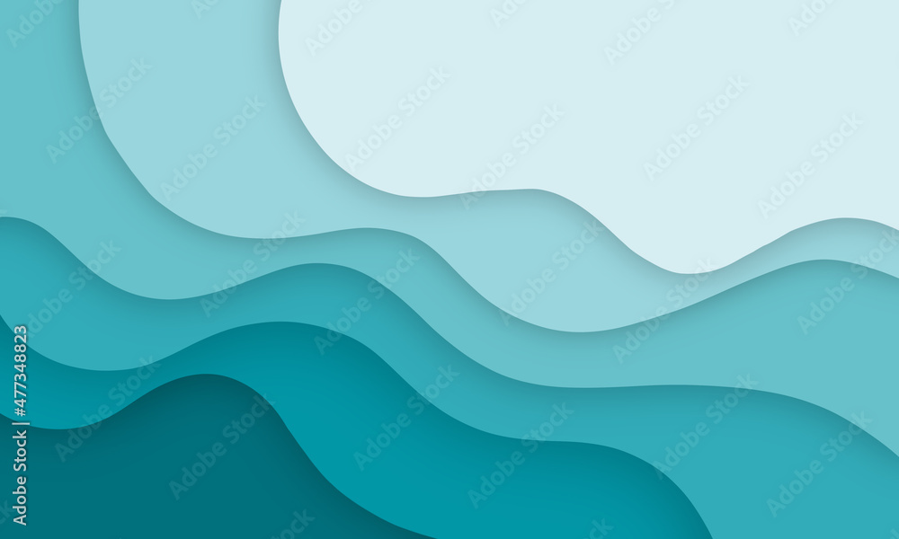 Poster abstract background with paper cut layers composition in ocean blue. 3d popup shape illustration for