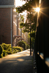A pedestrian path lined with a row of similar houses with an awning on the facade lit by a golden sun shining through the leaves of the trees.