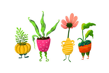 Set of Cartoon Potted Flowers with Legs
