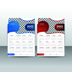 Wall Calendar 2022 template design with Place for Photo and Company Logo. Week starts on Sunday, holidays in red colors.