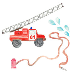 A fire truck with a retractable ladder,a fire hydrant with water drops. Watercolor set on a white background
