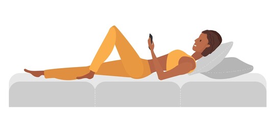 Young girl lying on couch and looking into phone. Day rest. Woman in domestic clothes. Obsession with gadgets, social networks, instant messengers flat Vector illustration in flet style © Елена Кутузова