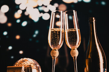 happy New Year champagne glasses and fireworks celebration background
