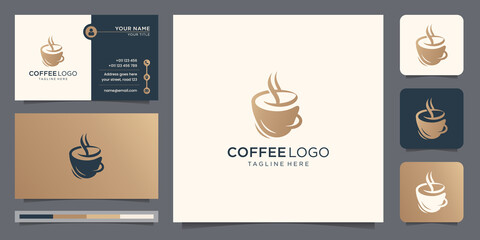 Elegant coffee logo design template and business card. golden color, coffee mug, creative cup.