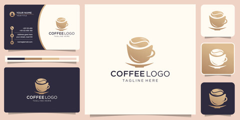 Elegant coffee logo design template and business card. golden color, coffee mug, creative cup. - obrazy, fototapety, plakaty