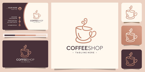 minimalist Coffee shop design logo. cup of coffee with coffee beans and business card template.