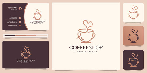 Creative coffee shop minimalist with creative cup and love with line art style and business card.