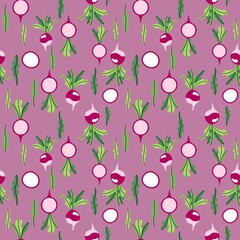 Cartoon fresh radish vegetables seamless pattern vector. Natural raw food - full radish and slices and leaves - irregular surface design