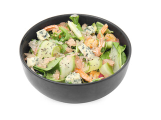 Delicious pomelo salad with shrimps and cheese in bowl on white background