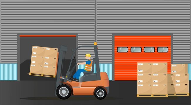 An industrial forklift with a driver transports pallets with crates to the warehouse. Delivery, sorting and storage of goods. Warehouse logistics complex. Vector illustration.