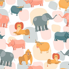 Seamless vector pattern with african animals. Colorful children print with lion, elephant, rhino.