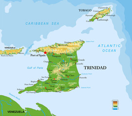 Trinidad and Tobago islands highly detailed physical map