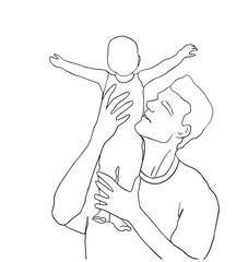Happy father's day! Father's Day. Line art, doodle. Dad holds the baby in his arms. 