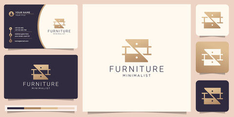 Furniture and interior design logo template. creative furniture gold color and business card.