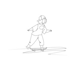 Teenager boy-to-girl riding skateboard outline vector drawing. Teen self-awareness and psychology problem concept