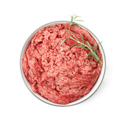 Fresh minced meat and rosemary in bowl on white background, top view