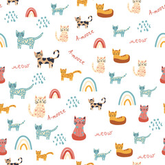 Childish seamless pattern with animals and rainbow. Kids pastel textile print