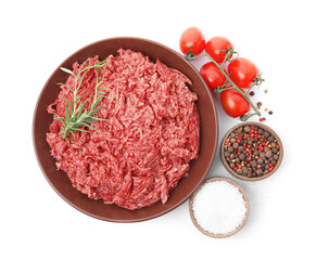 Fresh minced meat and other ingredients on white background, top view