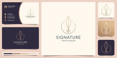 minimalist quill feather design.pen signature handwriting circle frame logo and business card design.