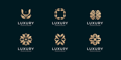 Luxury line art beauty flower, rose, and leaves logo bundle inspiration. Premium Vector