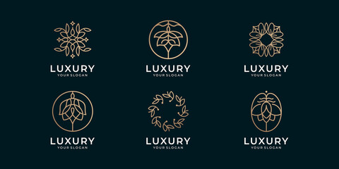 set collection of Luxury line art logo. abstract beauty flower, frame rose, and leaves shape logo inspiration.