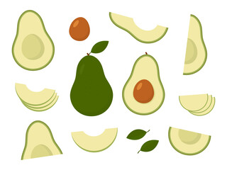 Avocado set. Fresh sliced avocado collection. Health food symbol. Slices, whole, half, seed and leafs. Vector isolated on white. 