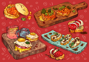 Hand drawn line vector illustration food. Doodle sandwich collection: canapes, salmon sandwich, salmon donut, mozzarella sandwich, balsamic and basil sauce, benedict egg burger, caprese baguette