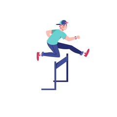 Vector flat cartoon man character runs,hurdling,jumping over barrier obstacle on empty background-sporty healthy lifestyle,life problems solving,goal achievement concept,web site banner ad design