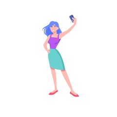 Vector cartoon flat woman character,beautiful cute young girl joyfully smile,posing, making selfie with smartphone-positive emotions,style,fashion beauty blogging concept,web site banner ad design