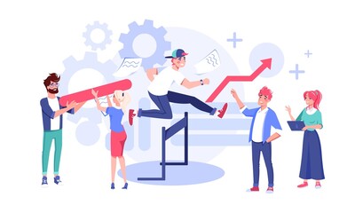 Team leading to finish young man overcoming obstacles jumping over barriers flat vector illustration. Search for right solution, business problem solving, help and support concept