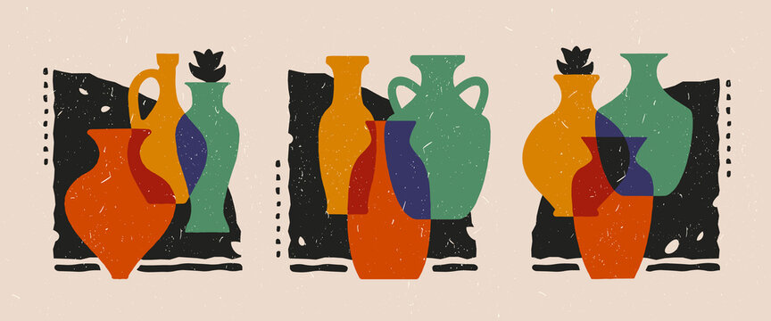 Vintage ancient ceramic vases. Multi-colored multi-layered silhouettes of different shapes. Vector illustrations.