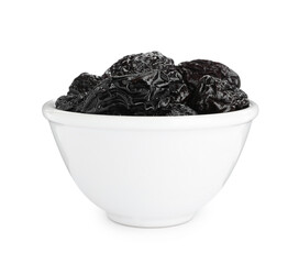 Bowl with sweet dried prunes isolated on white