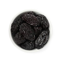 Bowl with sweet dried prunes isolated on white, top view